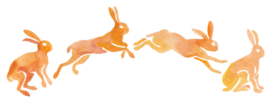 Watercolor illustration of hares jumping