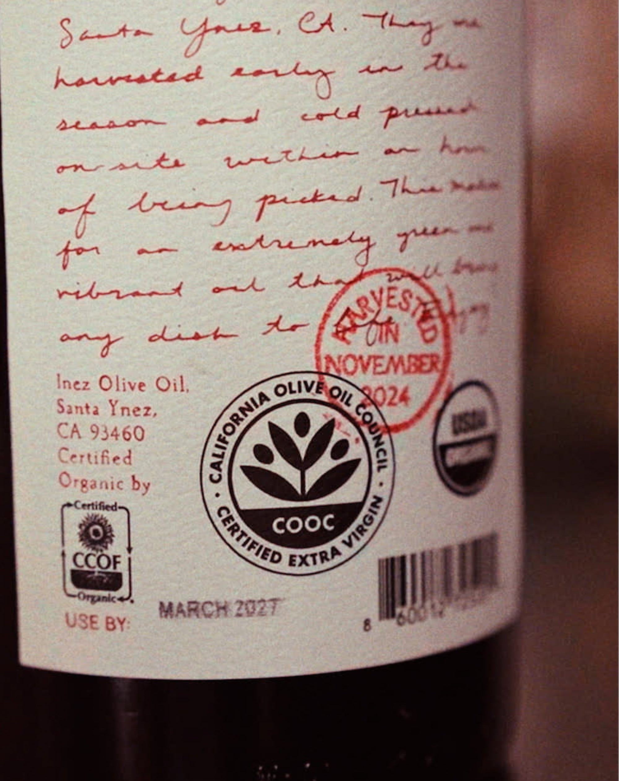 Close up of 2024 harvest bottle